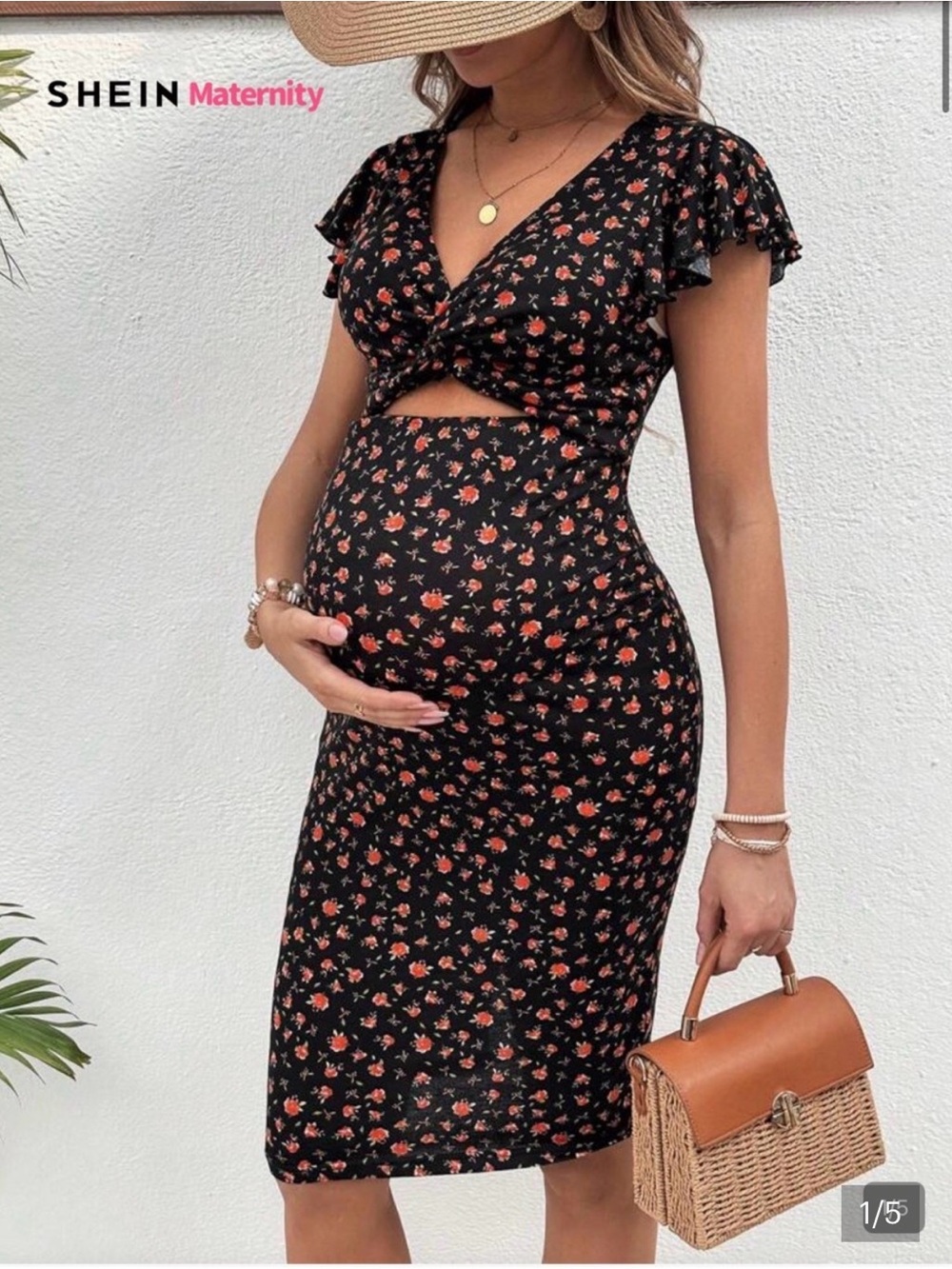 SHEIN Black Floral Twist-Front Maternity Midi Dress
